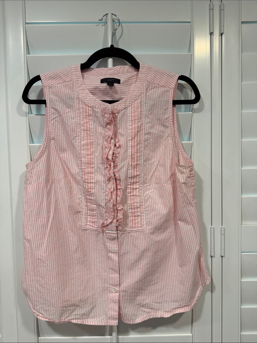 J. Crew Pink and White Striped Ruffle-Front Sleeveless Camisole